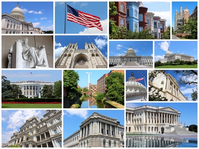 Photo collage from Washington DC, United States. Collage includes major landmarks like National Capitol, Georgetown University and Lincoln Memorial.